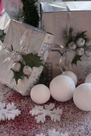 A Christmas detail with gifts and snowの写真素材