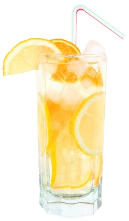Cocktail with ice cubes on white background.の写真素材