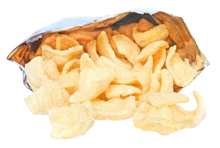 Potato chips on a white background.