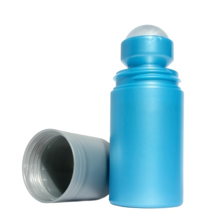 Blue bottle of a deodorant on a white background.の写真素材