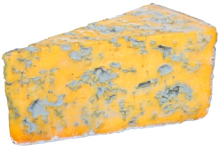 Piece of cheese with noble mold green color close-up on a white background