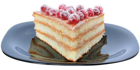 Layered piece of cake on a black plate isolated.の写真素材