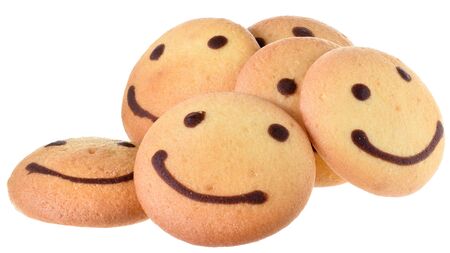 Round biscuit with smile image isolated on white background.の写真素材