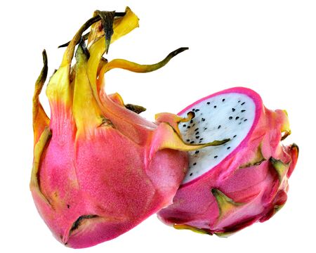 Fresh dragon fruit cut in half isolated on a white background.の写真素材
