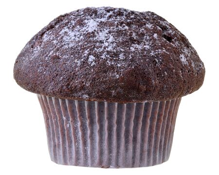 Chocolate muffin decorated with powdered sugar close-up Isolated on a white background.の写真素材