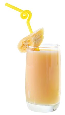 Fresh banana juice with straw drinking Isolated on a white background.の写真素材