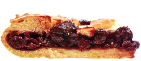 Homemade open pie with fruit filling from cherries isolated on a white backgroundの写真素材