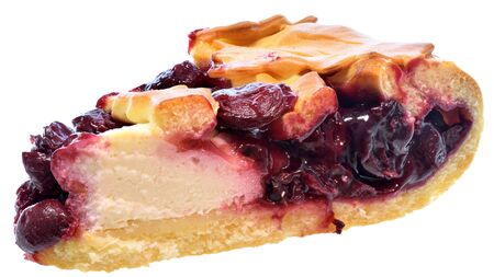 Homemade open pie with fruit filling from cherries isolated on a white backgroundの写真素材