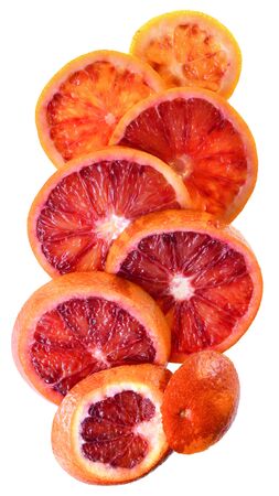 Cut of blood orange and mandarin isolated top view on white background.の写真素材