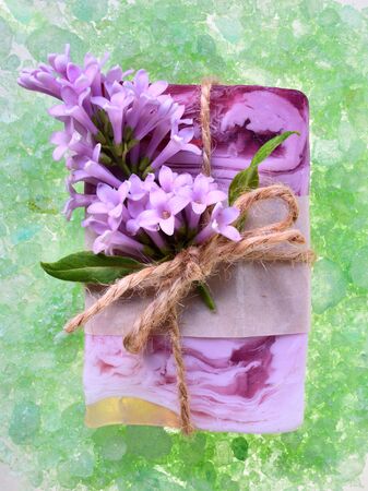 Fragrant spa set with handmade soap and bath salt top view.の写真素材