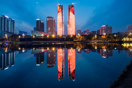 Light Show of Chengdu Tianfu International Financial Center, Sichuan, Chinaのeditorial素材