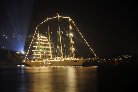 Tall ship in the harbor of Dubrovnik at night.の写真素材