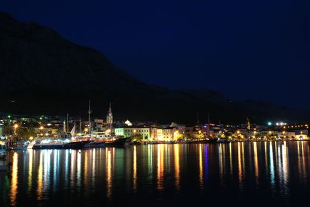 Night view of the Makarska shore in Croatia.の写真素材