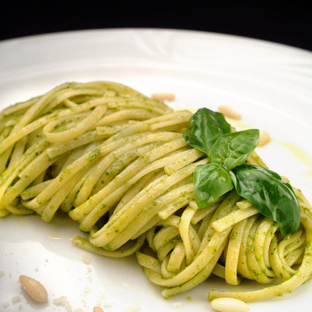 Italian food recipes, traditional pasta with Genoese pesto sauceの写真素材