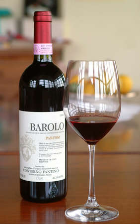 Turin, Piedmont / Italy. -10 / 24 / 2009- The Wineshow fair. Bottle of aged red wine Barolo.