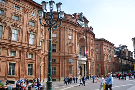 Turin, Piedmont / Italy -04 / 20 / 2019- Turin the curved brick facade of Palazzo Carignano, home to the first parliament of unified kingdom of Italy.のeditorial素材