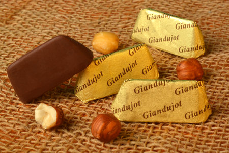 Turin, Piedmont/Italy -12/20/2018- Gianduiotto the traditional Piedmont chocolates with hazelnut.のeditorial素材