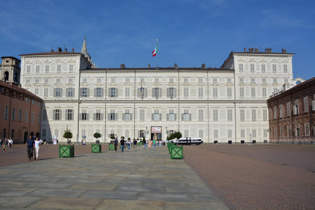 Turin, Piedmont, Italy. 09-30-2023 The facade of Royal Palace, one of the Residences of the Royal House of Savoyのeditorial素材
