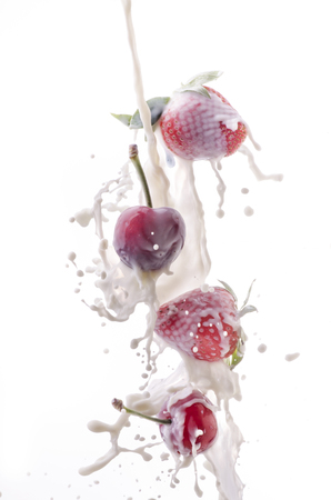 fresh fruit of cherries and strawberries with milk splash on white backgroundの写真素材