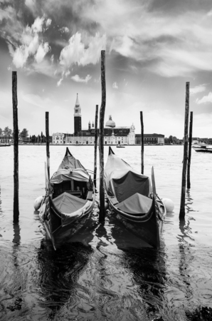 landscape of Venice, great glimpse of canal with gondolas in the foregroundの写真素材