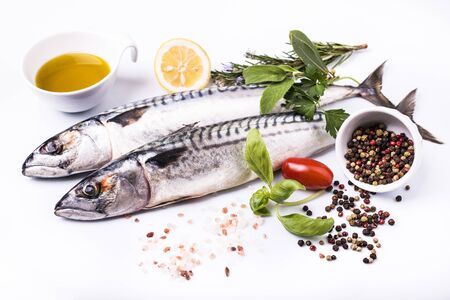 fresh sea fish to cook with ingredients on a white backgroundの写真素材