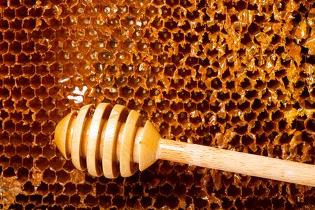 on the background of a honeycomb, with a top view, a wooden ladle