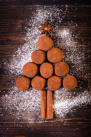 a symbolic and delicious Christmas tree made up of some spheres of truffles and spices. View from aboveの写真素材