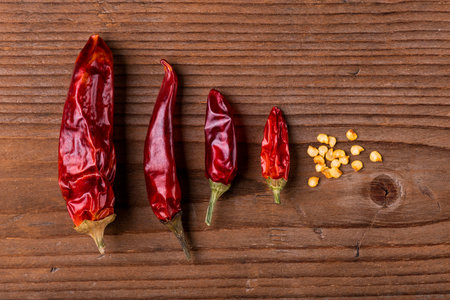 close-up view, hot and dry chili pepper on rustic wooden background