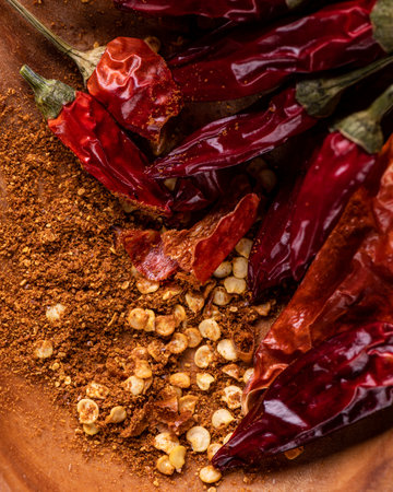 close up view, hot peppers, dried, chopped with seeds