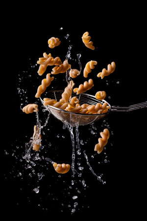 Wholemeal fusilli, Italian pasta floating and dripping on a black background.の写真素材