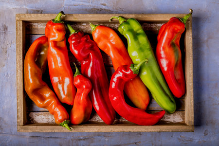 horn peppers, ripe and multicolored arranged on a wooden tray.の写真素材