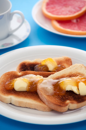 French toast on blue tableclothの写真素材