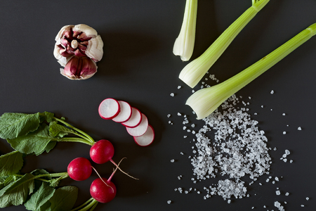 Fresh sliced radish, red garlic, celery and salt seen from aboveの写真素材