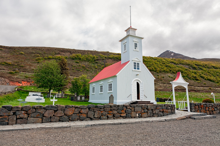 Little historical church in Laufas near Akureyri in northern Icelandの写真素材