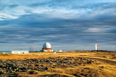 Radar station in Vestrahorn at sunset in a cloudy day, Icelandの写真素材