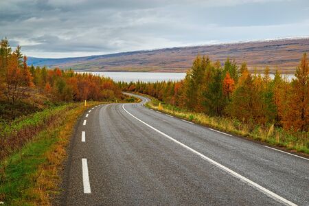 Panoramic view along the road for Lagarfljot river in eastside of Icelandの写真素材
