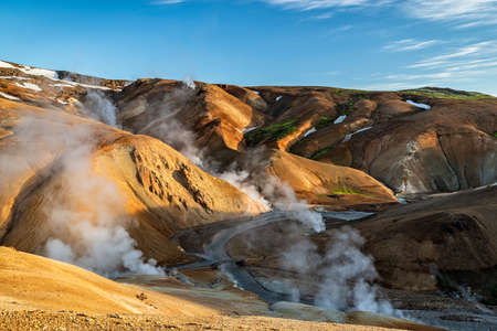 Sunrise in Kerlingarfjoll geothermal area in a sunny summer day, Icelandの写真素材