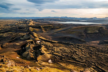 Thorsmork's mountains seen from the top of the mountain at sunset, Icelandの写真素材