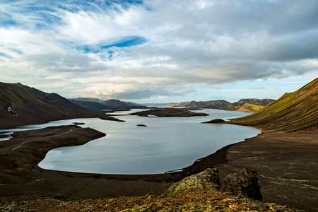 Thorsmork's mountains seen from the top of the mountain at sunset, Iceland