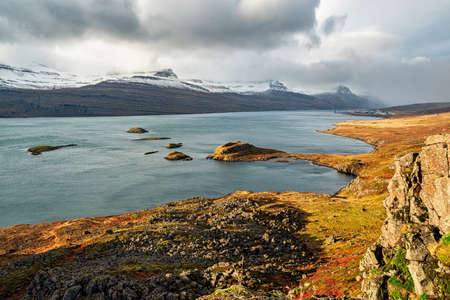 Mount Askja geothermal lake in a cloudy day, Icelandの写真素材