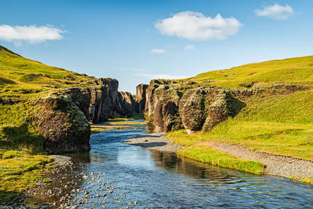 Fjadrargljufur canyon in South of Iceland in a summer and sunny dayの写真素材