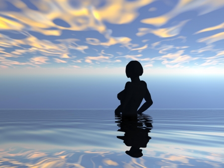 shadow of woman in the seaの写真素材
