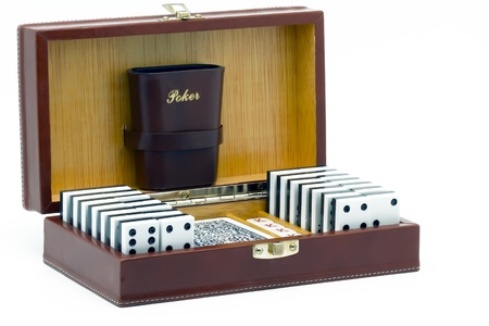 chest with poker games, dominoes, cards and diceのeditorial素材