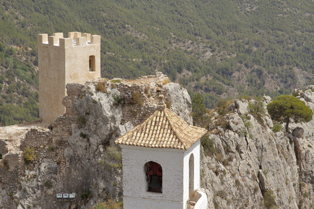 landscape of guadalest with the castle tower and the bell tower of the villageのeditorial素材