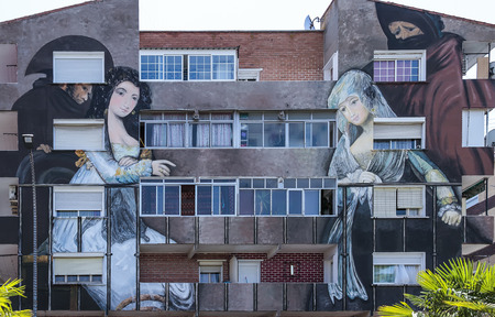TORREJON DE ARDOZ, MADRID, SPAIN - JULY 15: picture named "majas en el balcon" of the famous spanish painter Francisco de Goya. replica made by the painter Manuel Ojeda on the facade of a building of the city. picture taken on july 1, 2015 in Torrejon de のeditorial素材