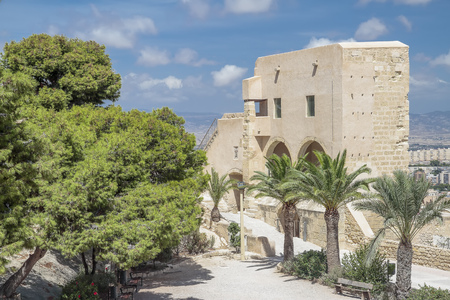 view of santa barbara castle courtyard with Santa Catalina tower at right