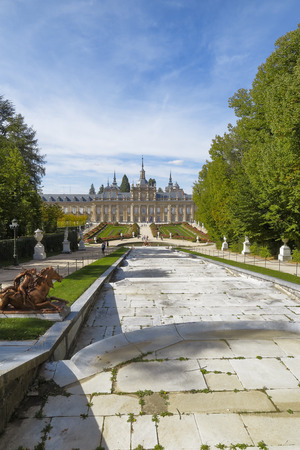 facade and gardens of royal palace of la granja de san ildefonso in the province of segovia, spainのeditorial素材