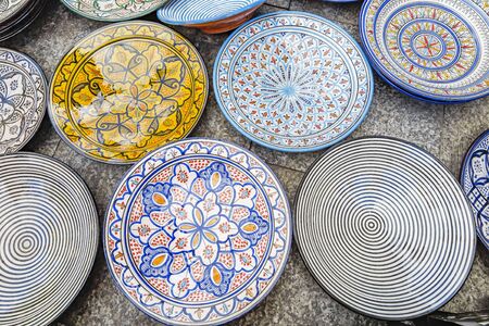 outdoor exhibition of several Moroccan style dishesの写真素材