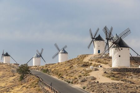 horizontal view of old windmills on Calderico hill of the spanish municipality of Consuegra. these...