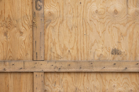 closeup in horizontal view of the side of a large wooden box for transporting valuables with the slats forming a crossの写真素材